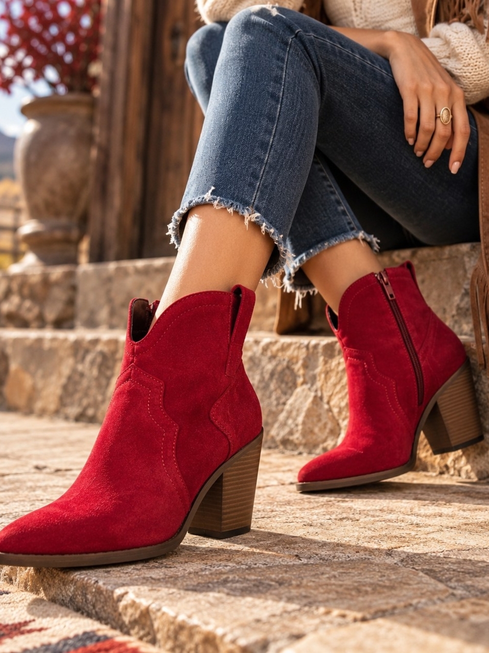 SUGAR Torch Red Cowboy Western Ankle Boots Suede Booties Side Zip 8.5M